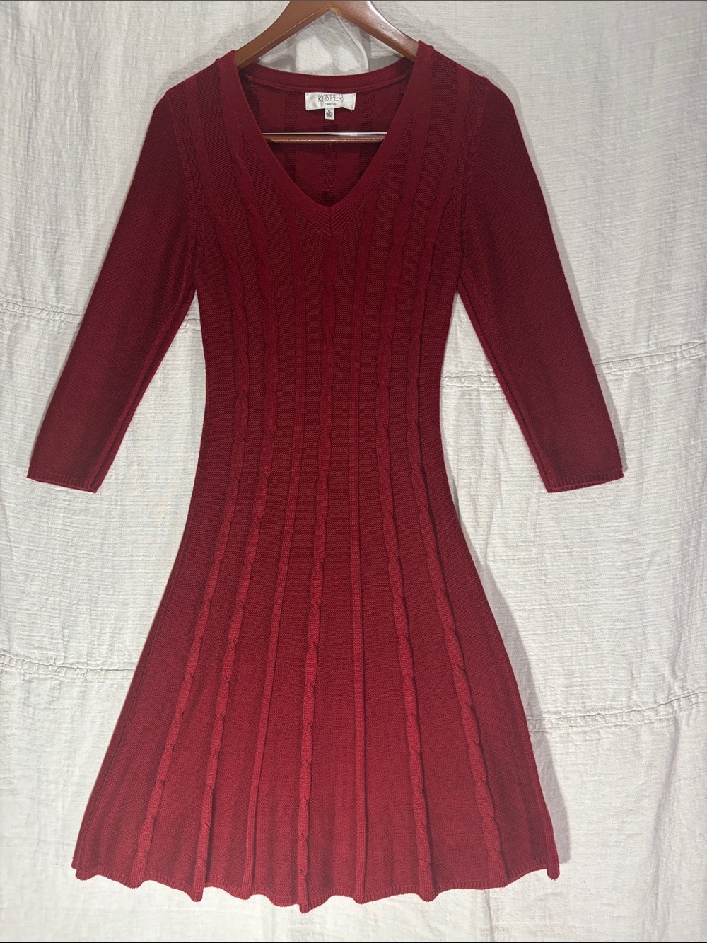 Kasper Burgundy Cable-Knit V-Neck Fit-and-Flare Sweater Midi Dress XL Runs Small